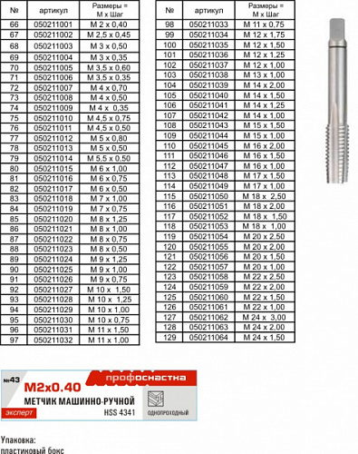 Метчик однопроходной М11*1,5 HSS TIN